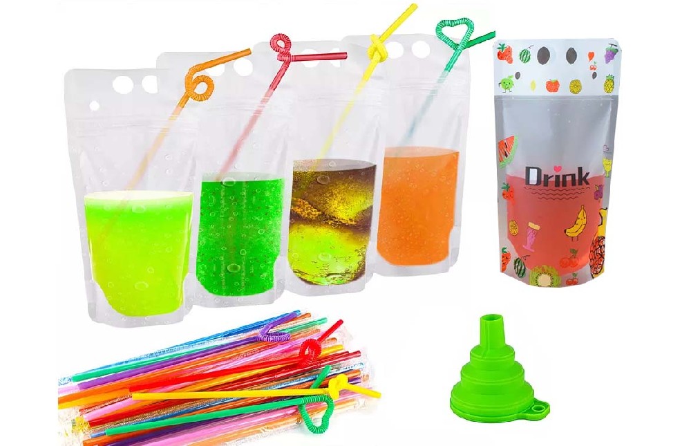 Custom Logo Clear Liquid Wine Fruit Juice Drink Zipper Ziplock Plastic Stand Up Packaging Bag Refill Pouch with Straw