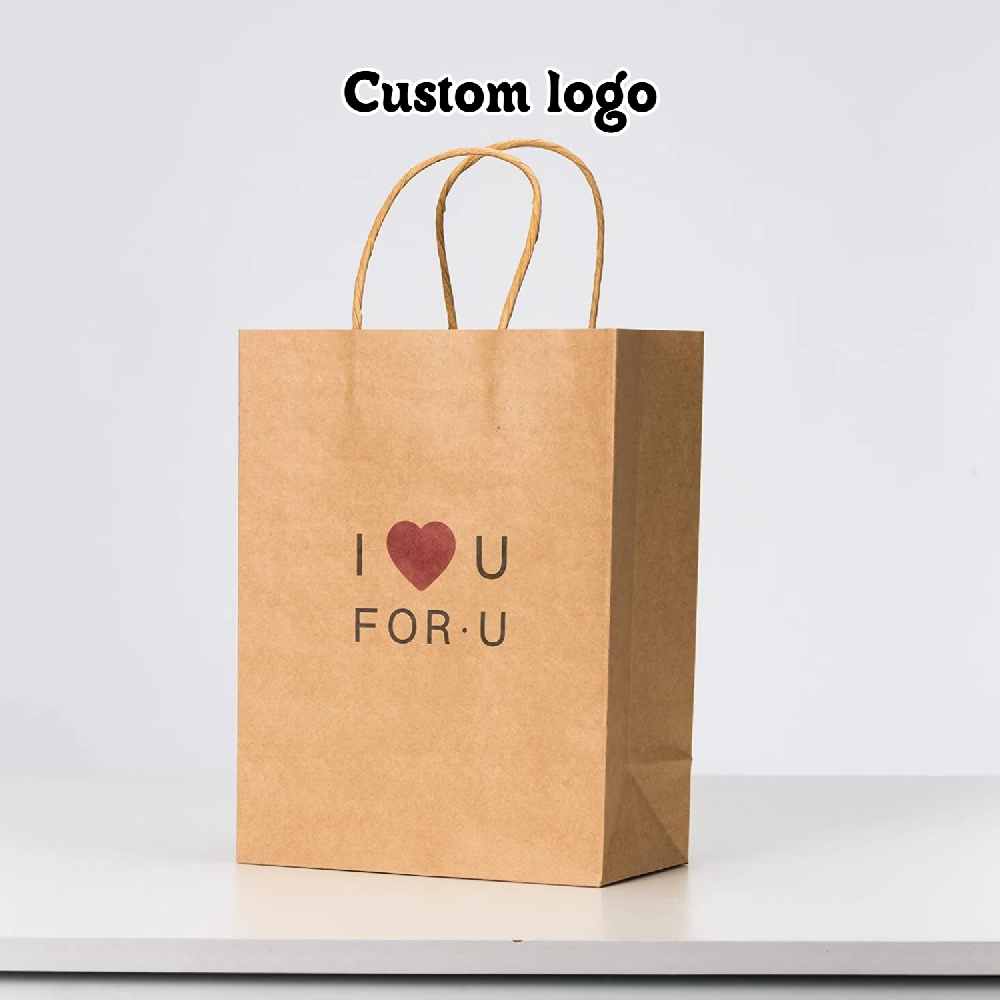 Custom Kraft Paper Bag Flat Bottom Food Takeout Recycled Brown Kraft Paper Bags Packaging Shopping Bag with Handle